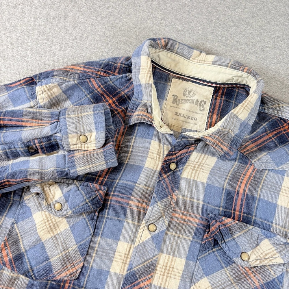 Roebuck & Co Flannel Shirt Mens XXL Blue Plaid Western Pearl Snap Cotton Rodeo - Picture 2 of 7